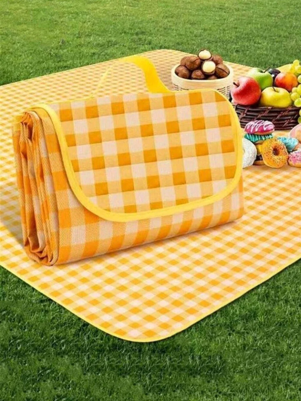 New Orange Yellow Gingham Picnic Large Mat Foldable Waterproof 77.5 in Square